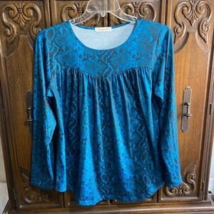 Fantaslook Womens Teal Black Snakeskin Print Long Sleeve Empire Waist Blouse L